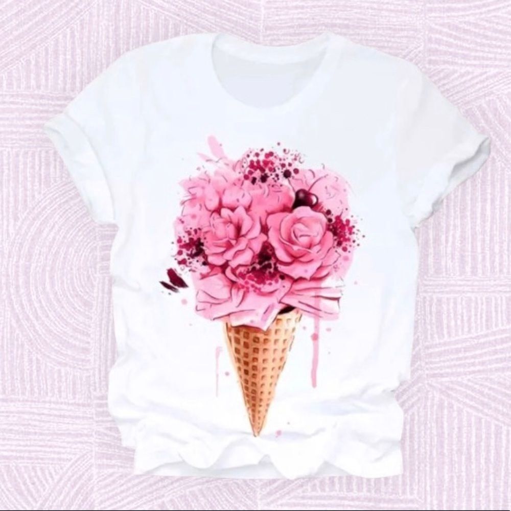 New Women’s T-Shirt SIZE MP Tops White Flowers Cone Printed Design